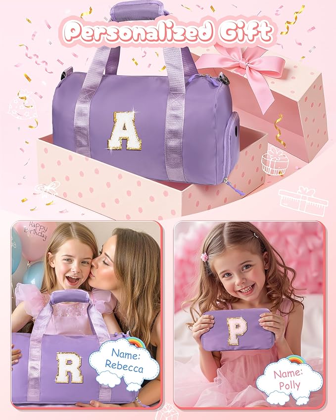 Dorm Room Essentials for Girls-Girl Gym Bag with Shoe Compartment, Kid Personalized Weekender Overnight Bags, Initial Travel Tote with Makeup Pouch, Preppy Stuff Gifts for Kids (Letter F)