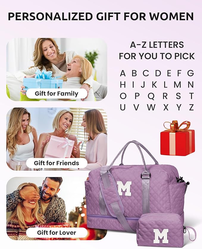 Personalized Initial Duffle Bag - Overnight Weekender with Shoe Compartment & Monogram Travel Bag - Friend Gift (Letter S)