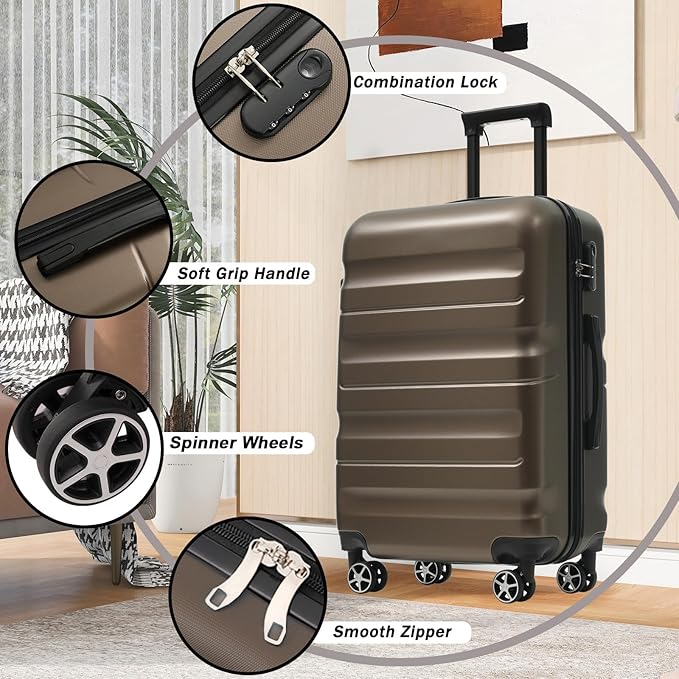 Merax 24 Inch Luggage Set Hardshell ABS Suitcase with Spinner Wheels 2 Packing Cubes Durable Travel Checked Luggage for Weekend Getaways Long Vacations Brown
