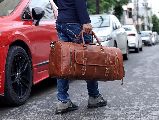 Duffle Leather Travel Bag for Women Men Gym Sports Overnight Weekend Airplane Cabin Bag 28 Inch Large Size Travel Bag with Shoe Compartment by Cureo