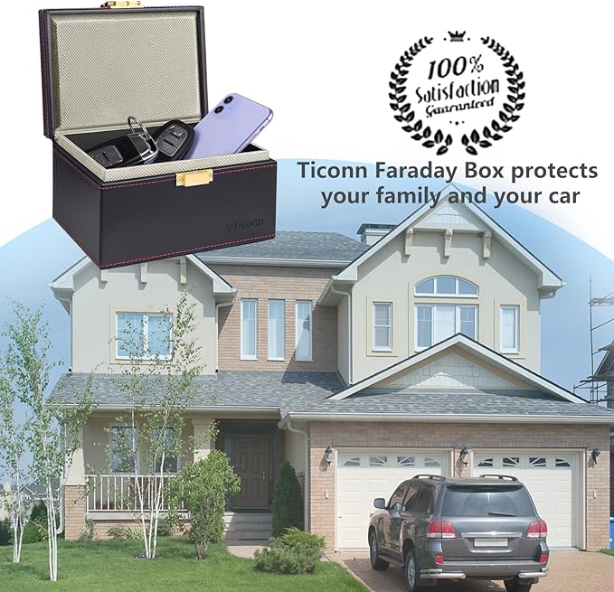 TICONN Faraday Box, Car Key Fob Protector, PU Leather Signal Blocker for Keyless Fob, RFID Signal Blocking Pouch Cage