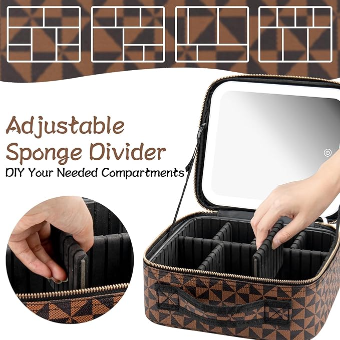 Makeup Travel Train Case with Mirror LED Light 3 Adjustable Brightness Large Cosmetic Bag Portable Storage Adjustable Partition Waterproof Makeup Brushes Make up Jewelry Gift for Women