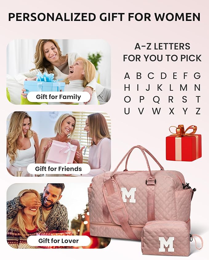 Girls Duffle Bag, Initial Bag, Personalized Weekender Bag with Shoulder Strap, Monogram Overnight Bag for Women Wet Pocket, Letter Travel Bag with Makeup Bag Gifts for Niece (Letter R)