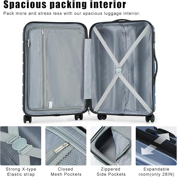 Coolife Luggage Suitcase Carry-on Spinner TSA Lock USB Port Expandable (only 28’’) Lightweight Hardside Luggage (Gray, 3 piece set)