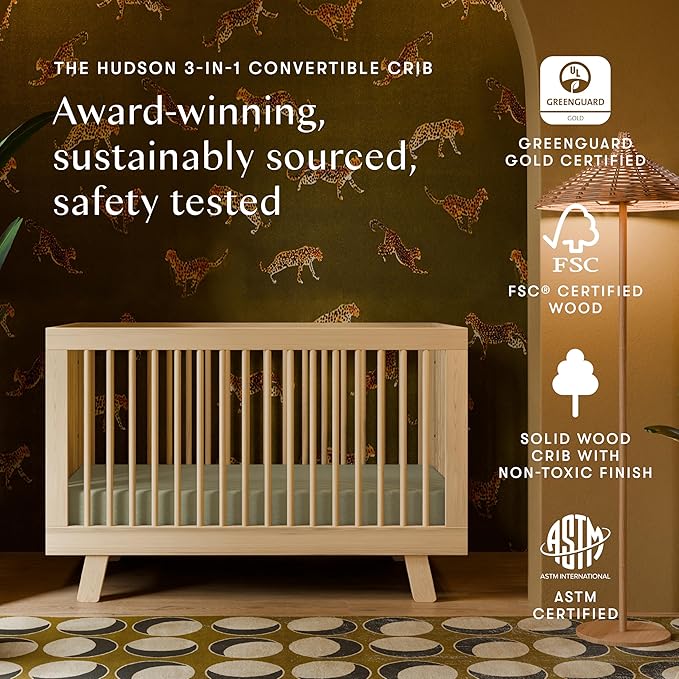 babyletto Hudson 3-in-1 Convertible Baby Crib with Toddler Bed & Daybed Conversion - Easy to Assemble - GREENGUARD Gold Certified w/ 4 Adjustable Mattress Heights - Natural