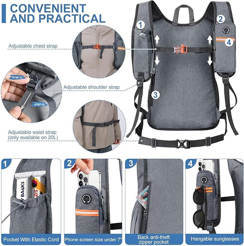 20L Small Hiking Backpack for Men Women Foldable Packable Back Pack Ultralight Hiking Daypack for Travel Camping Outdoor, Gray