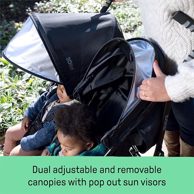 Summer Infant 3Dlite Folding Lightweight Side by Side Double Stroller with 5-Point Safety Harness for Infants and Toddlers, Black