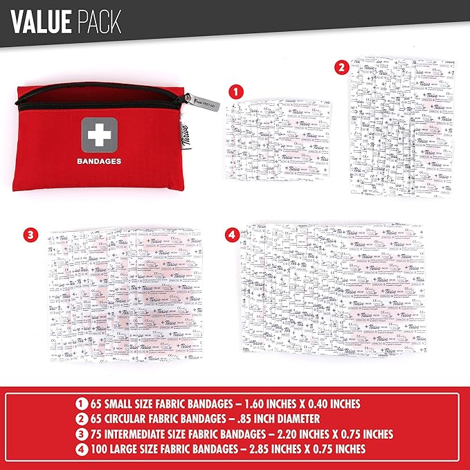 Thrive Bulk Bandages Variety Pack - 305 Count, Red - Travel Fabric & Waterproof Adhesive Bandages & Band Aids with Zipper Pouch