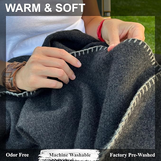 EKTOS 100% Virgin Wool Blanket, 90" x 90", 100 Percent Woolen, Washable Pure Wool (Charcoal, Queen Size)