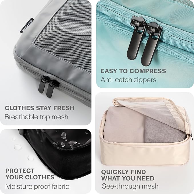 Compression Packing Cubes for Travel - Luggage Organizer Bags - Double Zipper Packing Cubes for Suitcases (4-Pack, Beige)