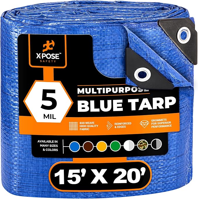 Better Blue Poly Tarp 15' x 20' - Multipurpose Protective Cover - Lightweight, Durable, Waterproof, Weather Proof - 5 Mil Thick Polyethylene - by Xpose Safety