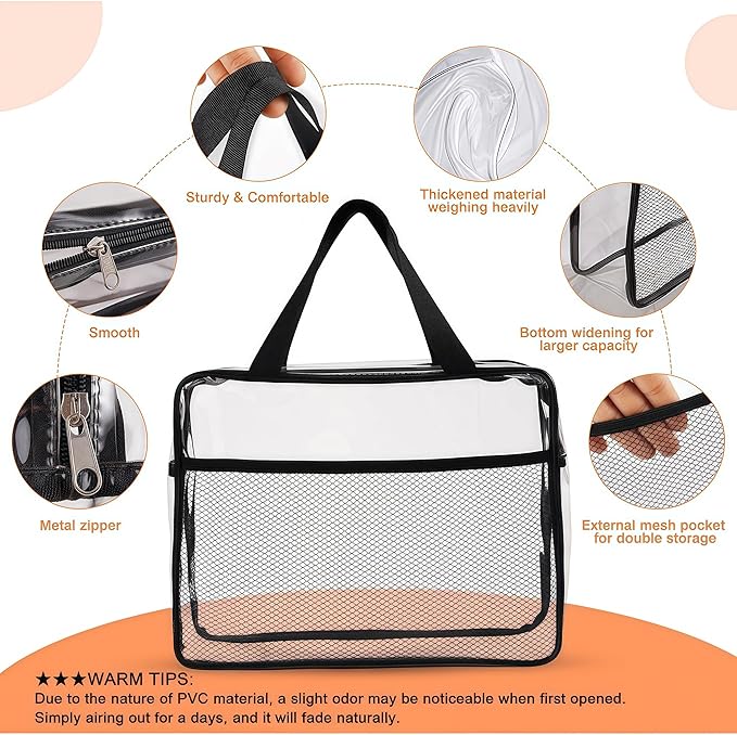 XEWEA 2PCS Large TSA Approved Clear Travel Toiletry Bags for Men Women, Transparent Makeup Cosmetic Bag with Handle,Waterproof PVC Quart Organizer Storage Pouch for Toiletries Airline Essential, Balck
