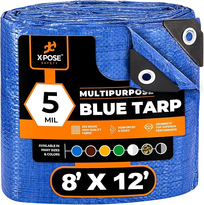 Better Blue Poly Tarp 8' x 12' - Multipurpose Protective Cover - Lightweight, Durable, Waterproof, Weather Proof - 5 Mil Thick Polyethylene - by Xpose Safety