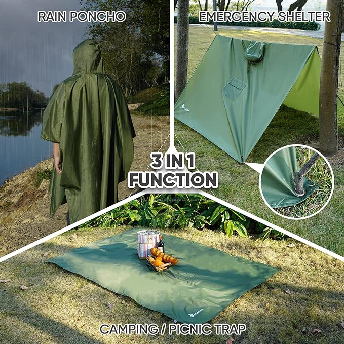 PTEROMY Hooded Rain Poncho for Adult with Pocket, Waterproof Lightweight Unisex Raincoat for Hiking Camping Emergency