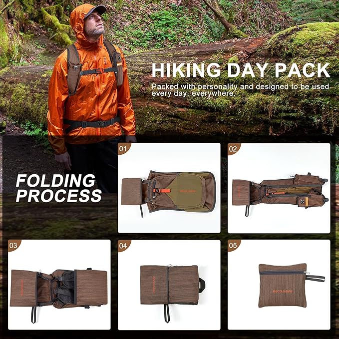 20L Small Hiking Backpack for Men Women Foldable Packable Back Pack Ultralight Hiking Daypack for Travel Camping Outdoor, Chocolate Brown