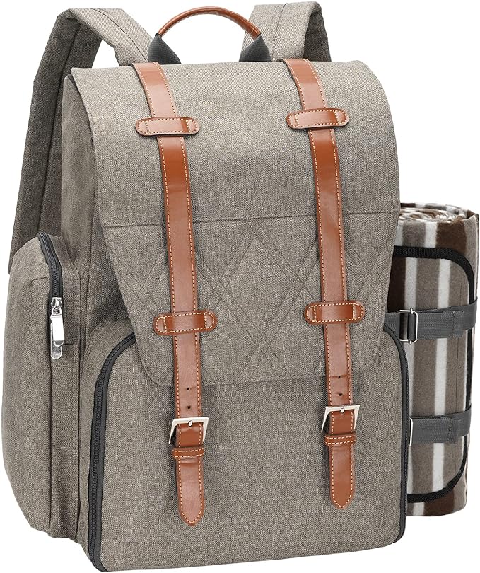 Picnic Backpack for 2 Person with Large Insulated Cooler Bag, Picnic Basket Set with Wine Pouch, Waterproof Picnic Blanket & Cutlery Set. Perfect for Beach, Camping,Wedding Gift for Couple.Beige