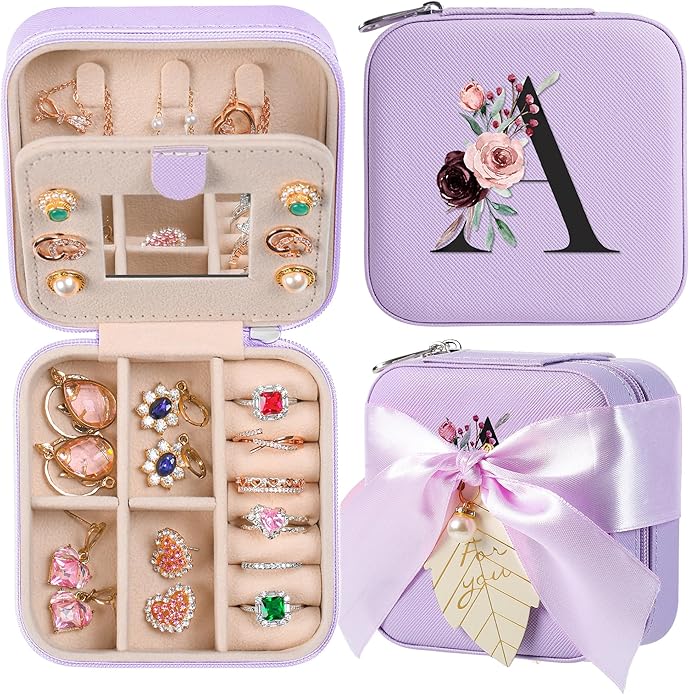 AYGXU Travel Jewelry Box for Women and Girls - Small Case With Initial A-Z - Teacher Gifts