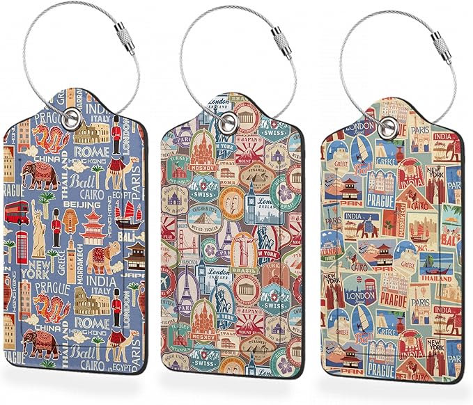 3 Pack Luggage Tag for Suitcase,Travel Stamp Leather Luggage Tags with Privacy Cover Name ID Label Identifiers Travel Bag Tags for Women Men Boys Girls