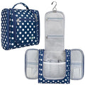 PAVILIA Toiletry Bag Travel Bag for Women Men, Hanging Cosmetic Organizer, Water Resistant Makeup Bag for Accessories Toiletries, Large Travel Essentials Kit (Navy Polka Dot)