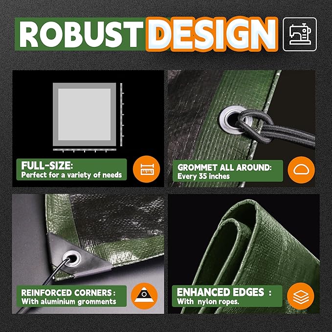 7x10 Feet Tarp Waterproof,9Mil Thick,Finished Size Tarps,UV Resistant,Durable,Multipurpose Poly Tarp Cover with Metal Grommets and Reinforced Edges,Green/Black by RAINDEWAY