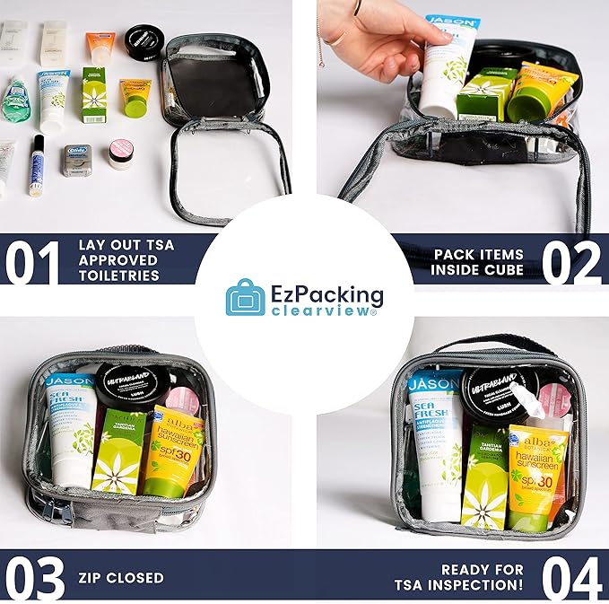 Clear TSA Approved 3-1-1 Travel Toiletry Bag for Carry On / Quart Size Transparent Liquids Pouch for Airport Security / Reusable See Through Vinyl & PVC Plastic Organizer for Men and Women (Black)