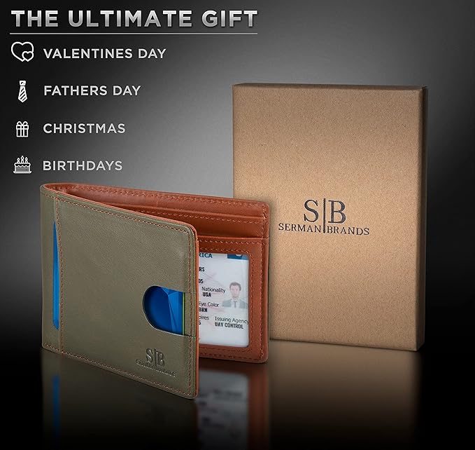 SERMAN BRANDS RFID Blocking Slim Bifold Genuine Leather Thin Minimalist Front Pocket Wallets for Men Billfold Wallet Men Gift