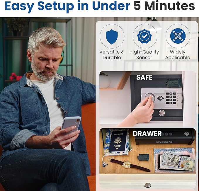 Kini SafeAlert WiFi Motion Sensor Alarm | Real-Time SMS Notification | Wireless Motion Detector for Gun Safes, Cabinets, Home, Apartments, Office | Easy Install, No Subscription, Rechargeable Battery