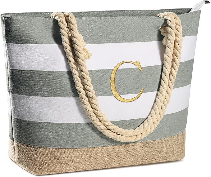 YOOLIFE Initial Canvas Waterproof Beach Tote Bag Zipper Personalized Gifts for Women Her Birthday Travel Beach Essential