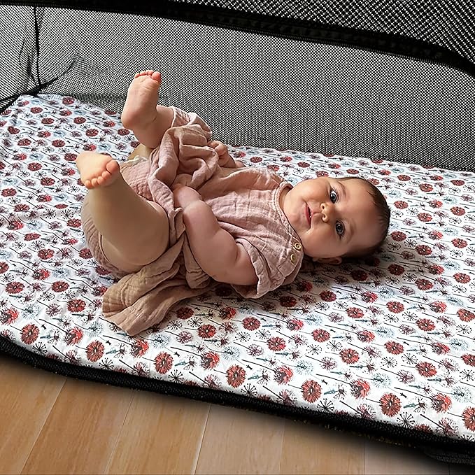 Quiggly Travel Crib Sheets for Guava Lotus, 2 Pack Organic Cotton Jersey Knit, Vibrant Feather & Dandelion Patterns - Fits Crib Mattress for Boys & Girls