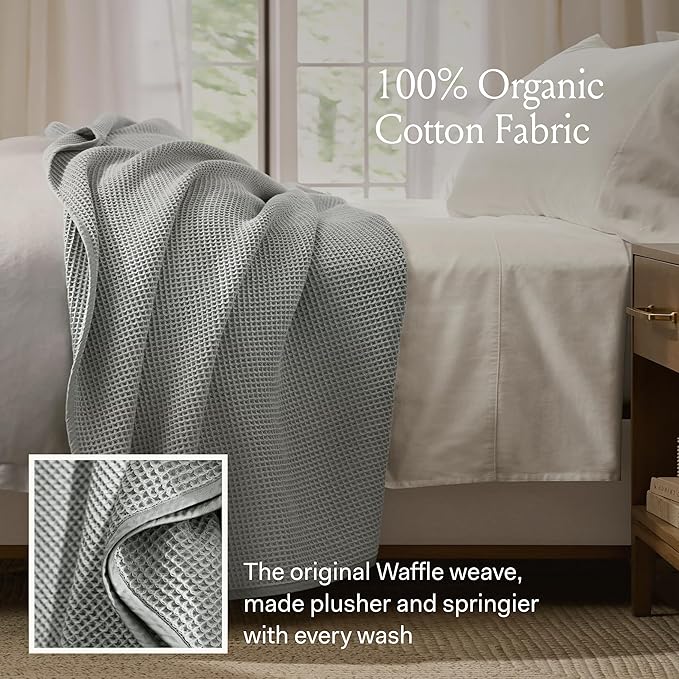 BOLL & BRANCH Waffle Bed Blanket - Twin, Stone - Luxury 100% Organic Cotton - Soft, Lightweight and Breathable - Textured Waffle Weave Design