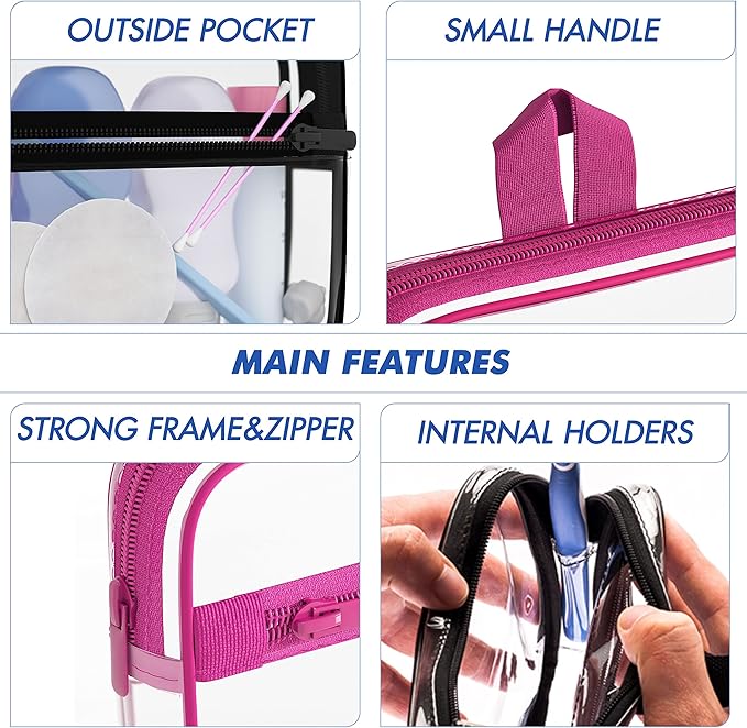 TSA Approved Toiletry Bag 3-1-1 Clear Travel Cosmetic Bag with Handle - Quart Size Bag with Zipper - Carry-on Luggage Clear Toiletry Bag for Liquids - Airport Airline TSA Compliant Color Pink