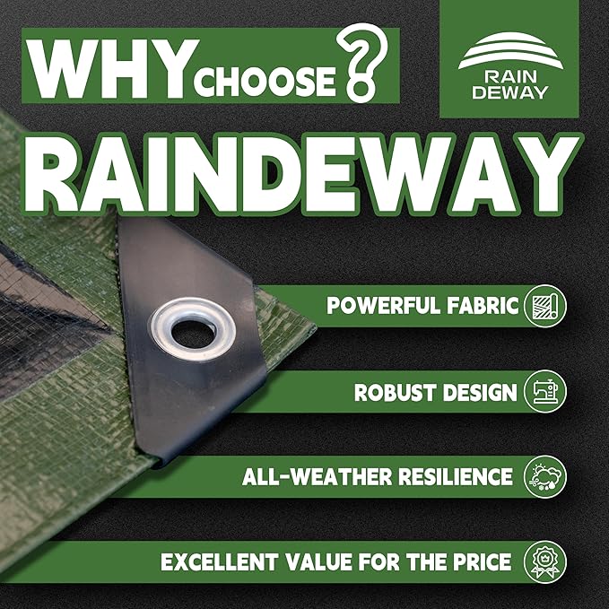 15x30 Feet Tarp Waterproof,9Mil Thick,Finished Size Tarps,UV Resistant,Durable,Multipurpose Poly Tarp Cover with Metal Grommets and Reinforced Edges,Green/Black by RAINDEWAY
