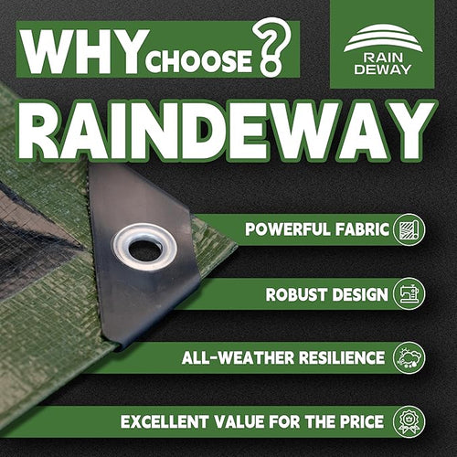 10x20 Feet Tarp Waterproof,9Mil Thick,Finished Size Tarps,UV Resistant,Durable,Multipurpose Poly Tarp Cover with Metal Grommets and Reinforced Edges,Green/Black by RAINDEWAY