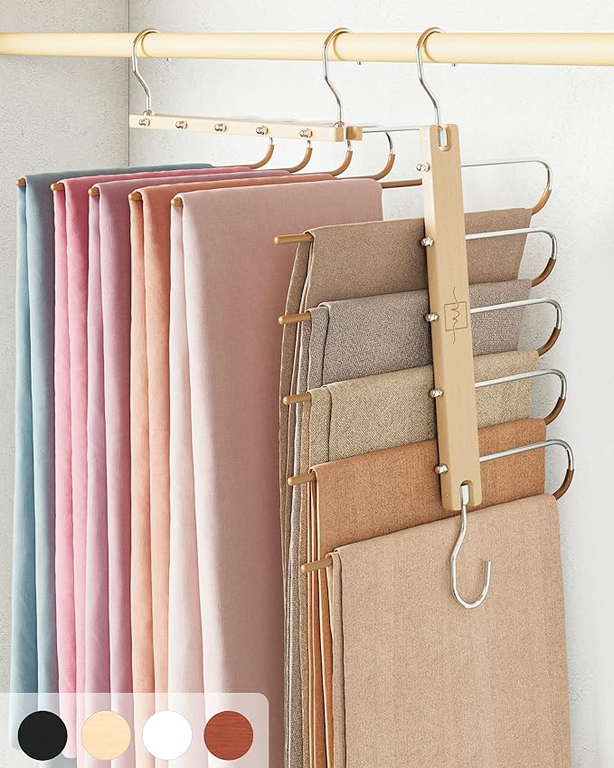MORALVE Pants Hangers Space Saving - 2 Pack European Beechwood Scarf and Jean Hangers - Closet Organizer and Space Saver Pant Rack, Leggings Hanger, and Scarf Holder with 360° Swivel Hook