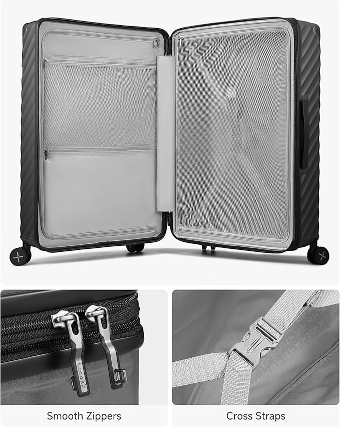 LUGGEX Luggage with Spinner Wheels, Polycarbonate Expandable Hard Shell Suitcase, Checked Medium 24 Inch, Charcoal Metallic