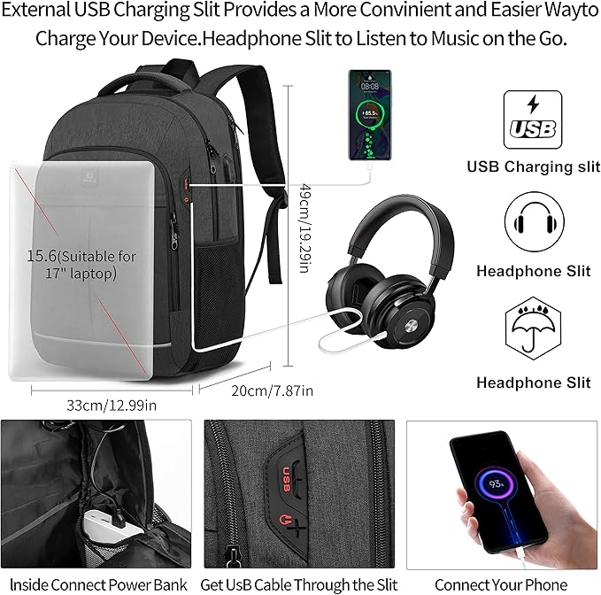17.3 Inch Laptop Backpack, School Backpack,Large TSA Travel Carry on Backpack,College Student Bookbag with USB Port,Teenagers Water Resistant Computer Bagpack Gift for Men Women,Grey