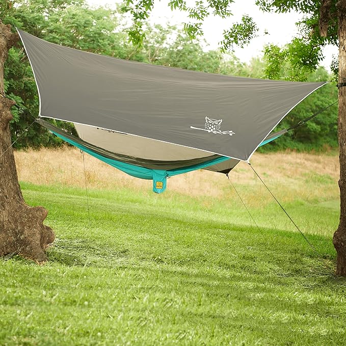 Wise Owl Outfitters Hammock Rain Fly – Waterproof Camping Tarp Cover with Tent Stakes & Carry Bag, Ultralight Shelter for Backpacking & Outdoor Shade