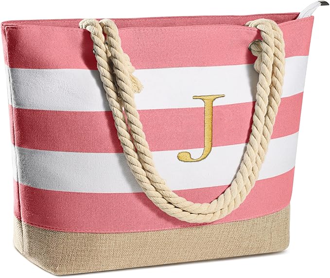 YOOLIFE Initial Canvas Waterproof Beach Tote Bag Zipper Personalized Gifts for Women Her Birthday Travel Beach Essential