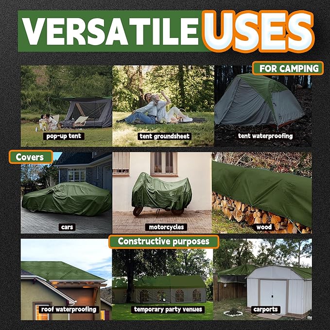 6x8 Feet Tarp Waterproof,Small Tarps,9Mil Thick,Finished Size Tarps,UV Resistant,Durable,Multipurpose Poly Tarp Cover with Metal Grommets and Reinforced Edges,Green/Black by RAINDEWAY