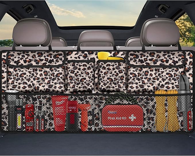 Car Trunk Organizer,Large Capacity Backseat Trunk Organizer(42"*18"),Collapsible Car Storage Bag with 8 Pocekt,Car Organizer for SUV/MPV/Truck - Leopard print