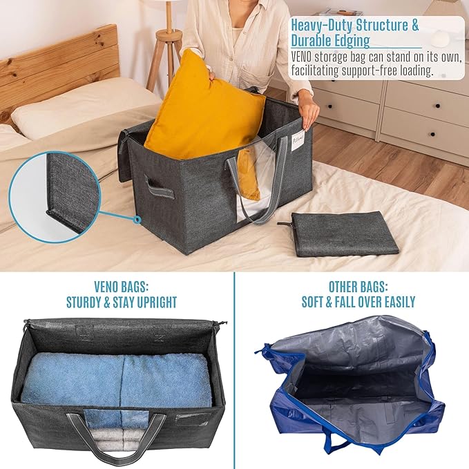 VENO 2 Pack Moving Bags, Comforter and Blanket Storage Bags for Closet, Moving Boxes, Boxes with Lids Alternative, College Dorm Packing Supplies, Foldable Heavy-Duty Tote with Window (Gray, 2 Pack)