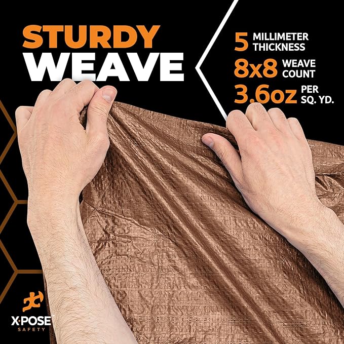 Multipurpose Protective Cover Brown Poly Tarp 20' x 40' - Durable, Water Resistant, Weather Resistant - 5 Mil Thick Polyethylene - by Xpose Safety