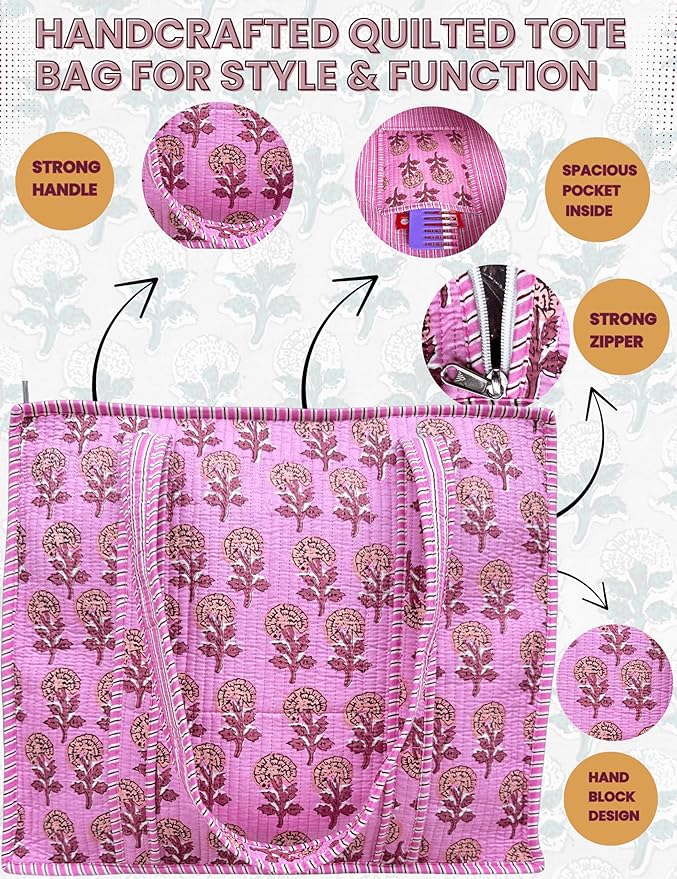 Cotton Quilted Tote Bag for Women – Large Beach & Travel Tote with Zipper, Reusable Grocery Bag