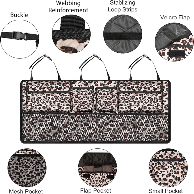 Car Trunk Organizer,Large Capacity Backseat Trunk Organizer(42"*18"),Collapsible Car Storage Bag with 8 Pocekt,Car Organizer for SUV/MPV/Truck - Leopard print