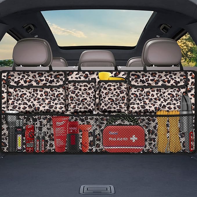 Car Trunk Organizer,Large Capacity Backseat Trunk Organizer(42"*18"),Collapsible Car Storage Bag with 8 Pocekt,Car Organizer for SUV/MPV/Truck - Leopard print