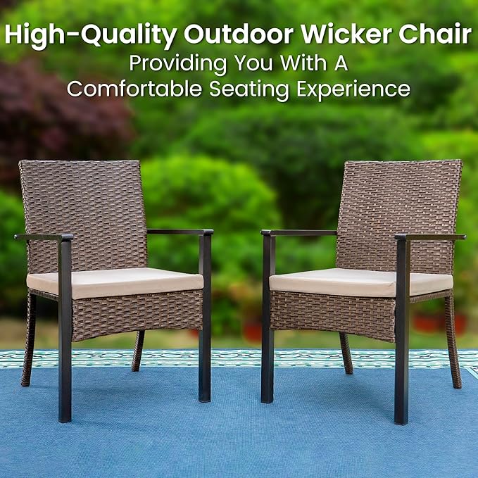 PHI VILLA Outdoor Wicker Chairs Set of 2, Rattan Covered Metal Armchairs with Removable Cushion, Heavy Duty Furniture Set for Patio, Deck, Porch, Yard
