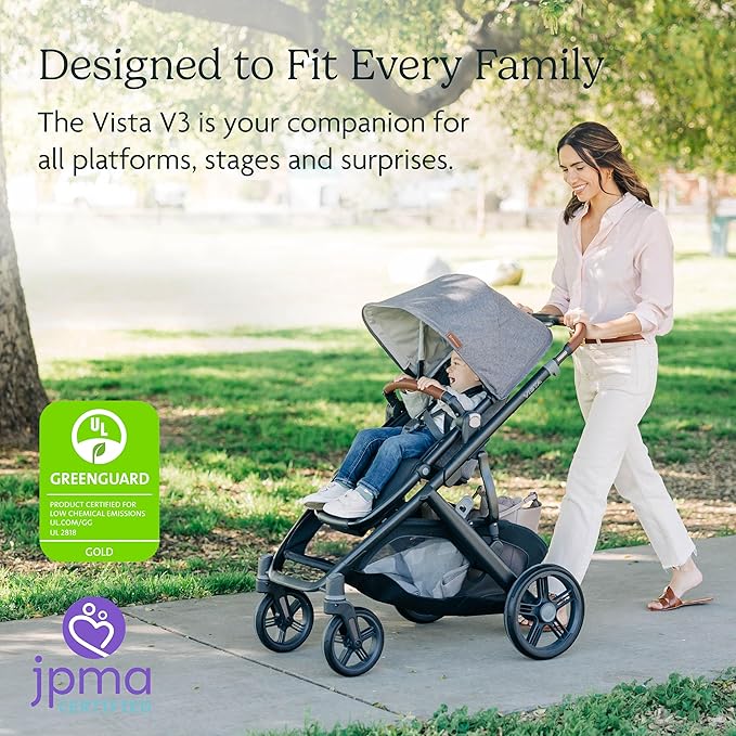 UPPAbaby Vista V3 Stroller - Full-Size Single-to-Double Stroller System - Toddler Seat, Bug Shield, Rain Shield, and Storage Bag Included - Jake (Charcoal/Carbon Frame/Black Leather)