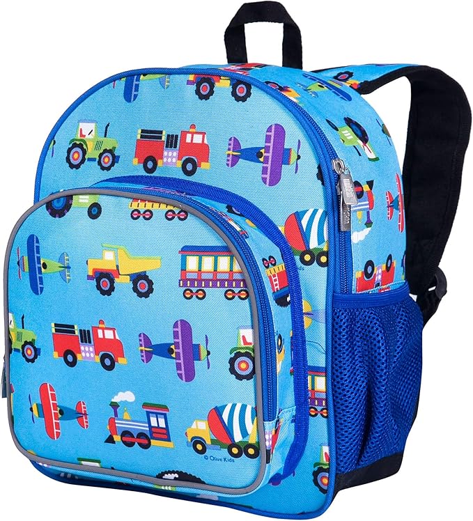 Wildkin 12-inch Kids Backpack – Padded, Adjustable, Ideal for Daycare & Travel - Trains, Planes, and Trucks