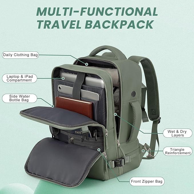 Travel Backpack, Carry on Flight Approved Backpack with Multi-Pockets, TSA Waterproof 17.3inch Laptop Backpack, Personal Item Travel Bag for Men Women, Army Green