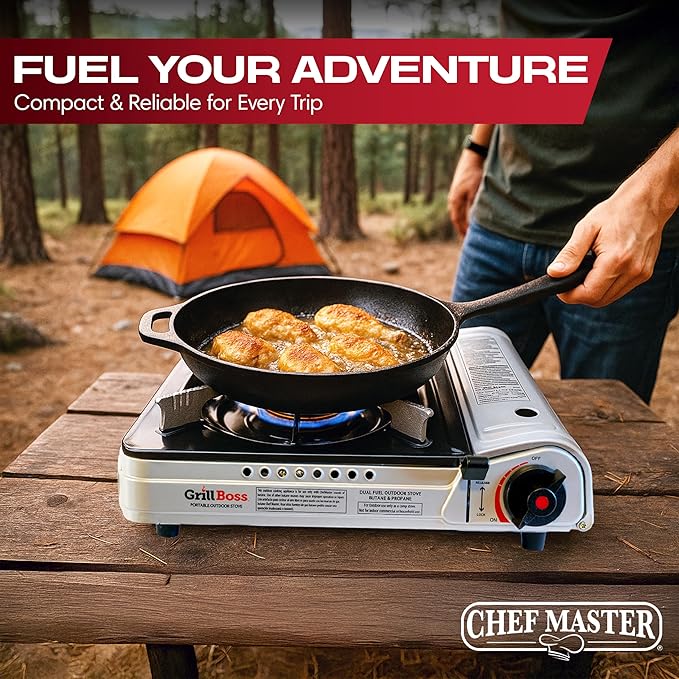 Dual Fuel Portable Stove Combo, Dual Fuel Butane & Propane Stove, 12K BTU Portable Camping Stoves w/ 4 x 8 oz. Butane Tin Canister for Camping, Emergencies & Outdoor Cooking, Grill by Grill Boss 90057